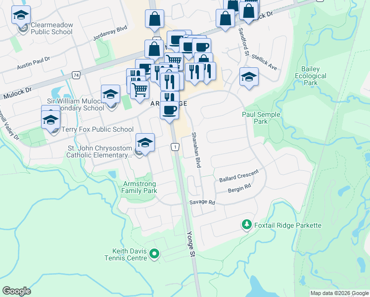 map of restaurants, bars, coffee shops, grocery stores, and more near 745 Caradonna Crescent in Newmarket