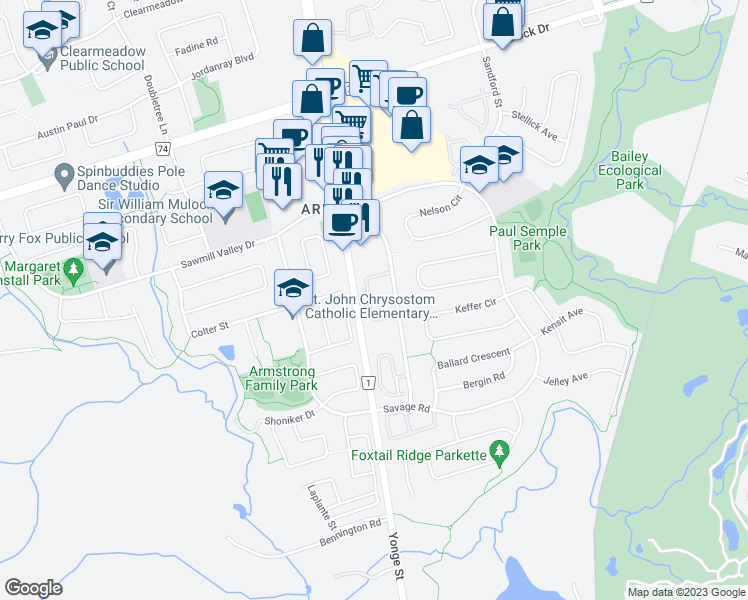 map of restaurants, bars, coffee shops, grocery stores, and more near 745 Caradonna Crescent in Newmarket