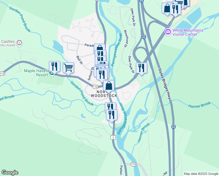 map of restaurants, bars, coffee shops, grocery stores, and more near 68 Main Street in Woodstock