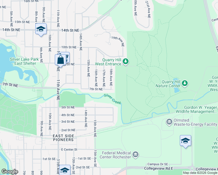 map of restaurants, bars, coffee shops, grocery stores, and more near 1702 7th Street Northeast in Rochester