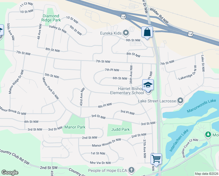 map of restaurants, bars, coffee shops, grocery stores, and more near 3935 5th Street Northwest in Rochester