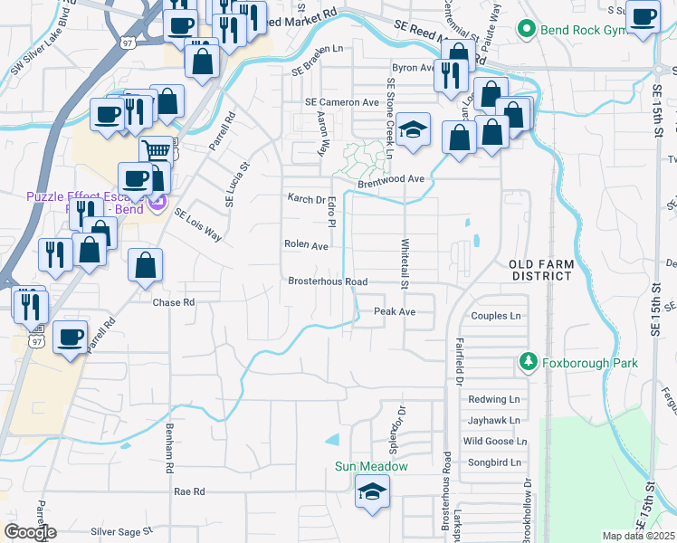 map of restaurants, bars, coffee shops, grocery stores, and more near 61394 Franke Lane in Bend