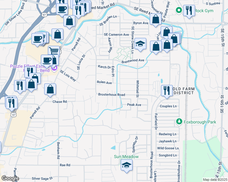 map of restaurants, bars, coffee shops, grocery stores, and more near 61408 Brosterhous Road in Bend