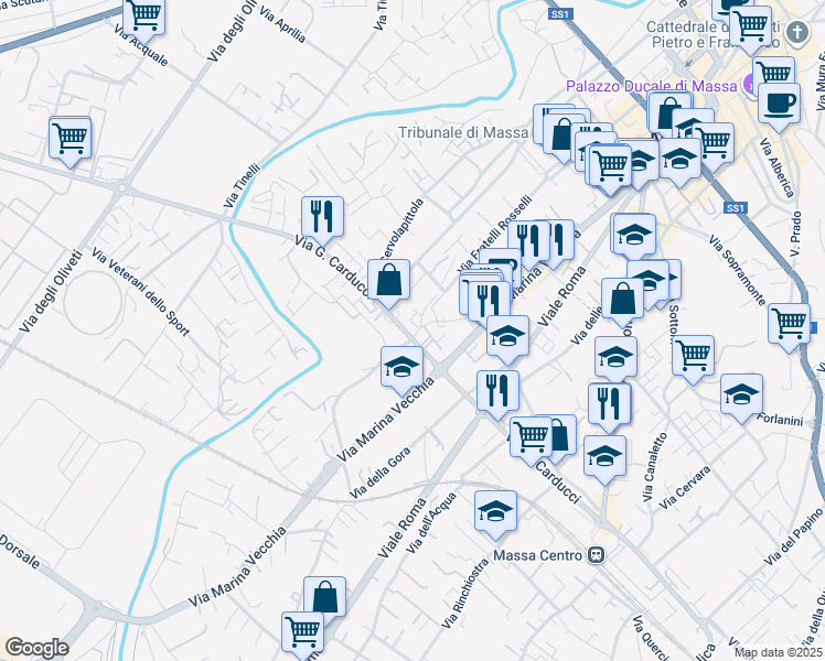 map of restaurants, bars, coffee shops, grocery stores, and more near 101 Via Giosuè Carducci in Massa