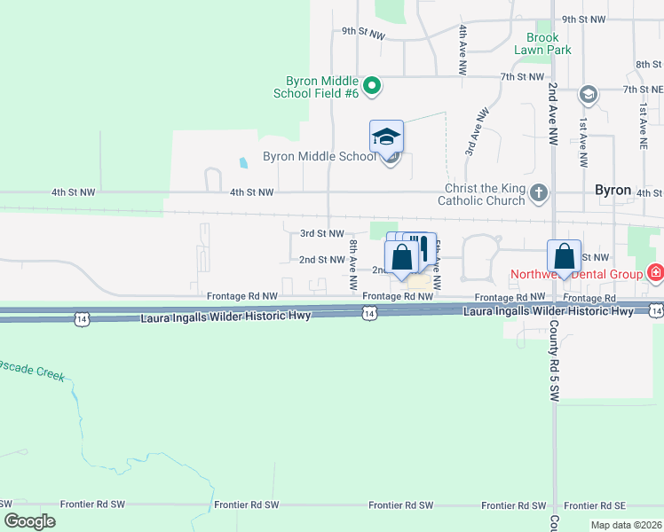 map of restaurants, bars, coffee shops, grocery stores, and more near 967 Frontage Road Northwest in Byron