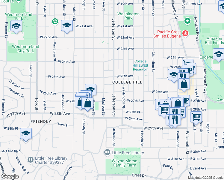 map of restaurants, bars, coffee shops, grocery stores, and more near 660 West 26th Avenue in Eugene