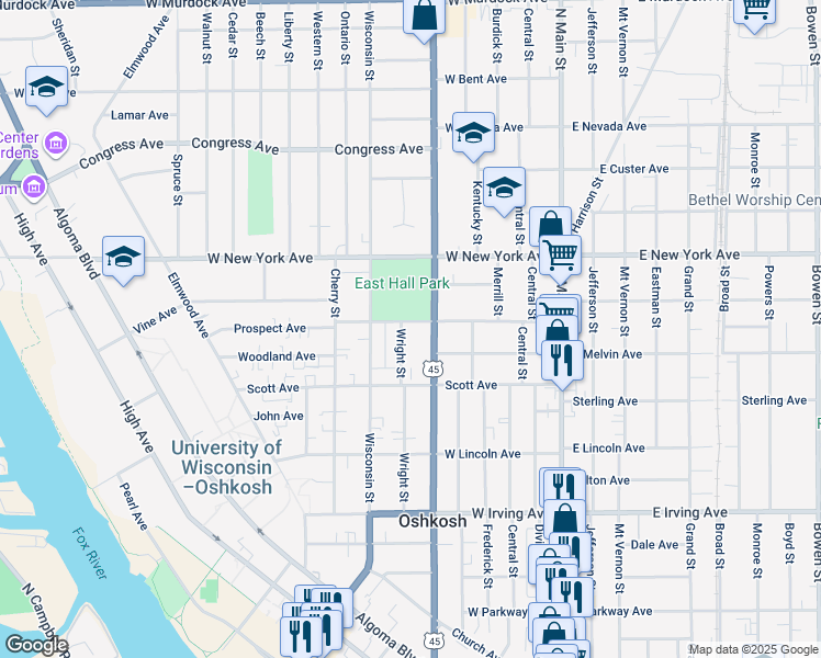 map of restaurants, bars, coffee shops, grocery stores, and more near 928 Wright Street in Oshkosh
