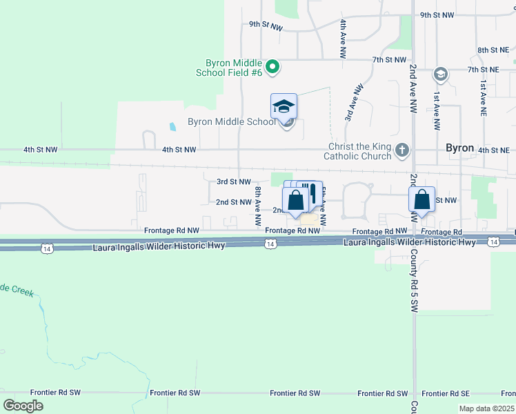 map of restaurants, bars, coffee shops, grocery stores, and more near 801 Frontage Road Northwest in Byron
