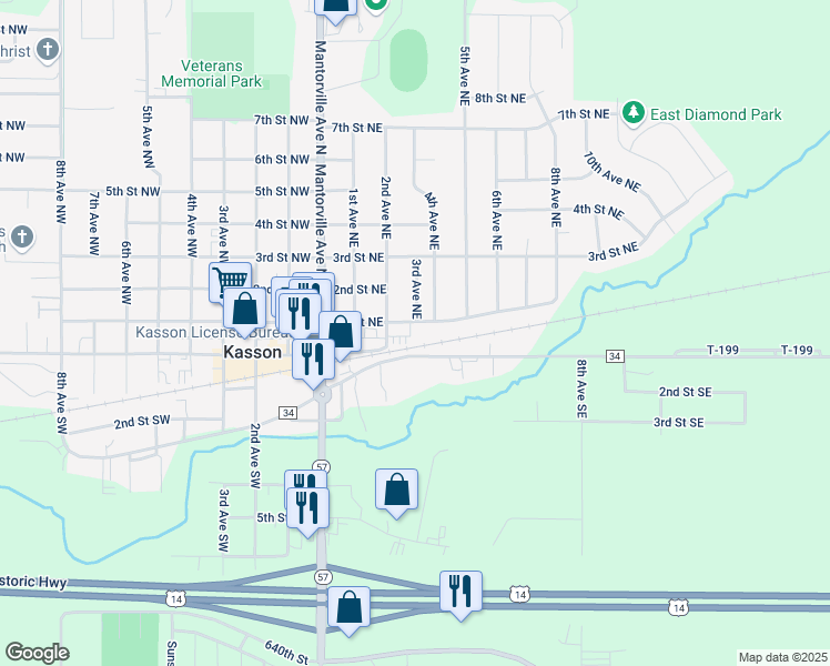 map of restaurants, bars, coffee shops, grocery stores, and more near 28 East Veterans Memorial Highway in Kasson