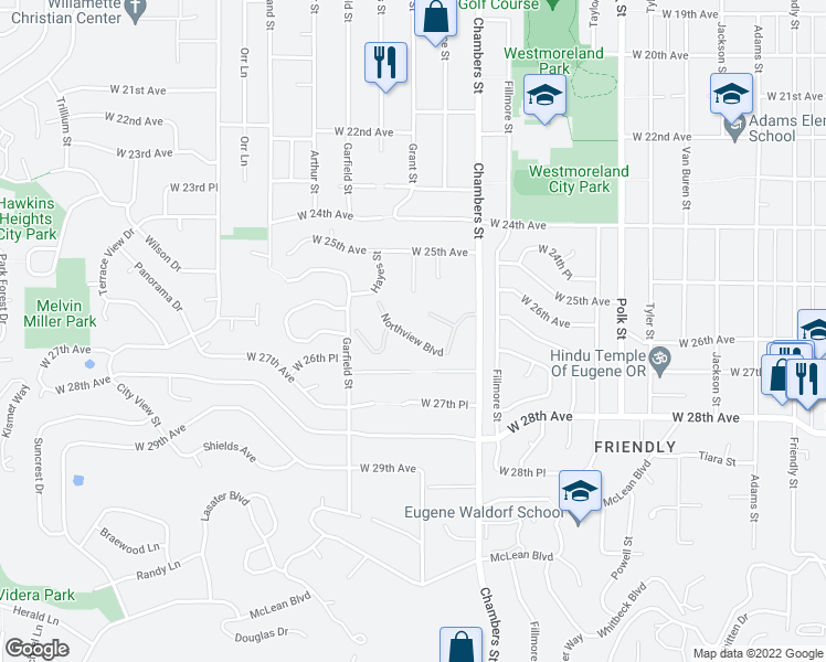 map of restaurants, bars, coffee shops, grocery stores, and more near 1750 Northview Boulevard in Eugene