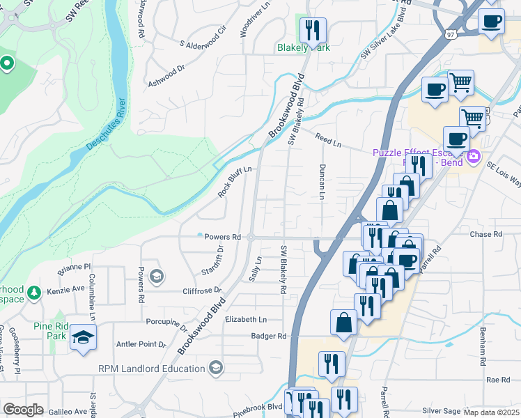 map of restaurants, bars, coffee shops, grocery stores, and more near 61419 Sunbrook Drive in Bend