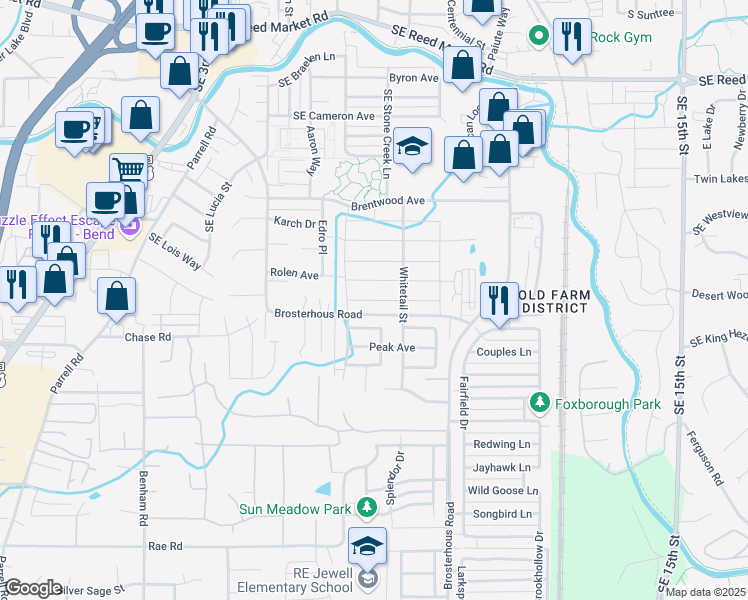 map of restaurants, bars, coffee shops, grocery stores, and more near 20590 Southeast Gemstone Avenue in Bend