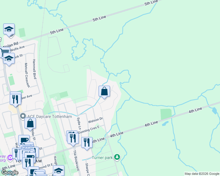 map of restaurants, bars, coffee shops, grocery stores, and more near 30 Roy Road in New Tecumseth