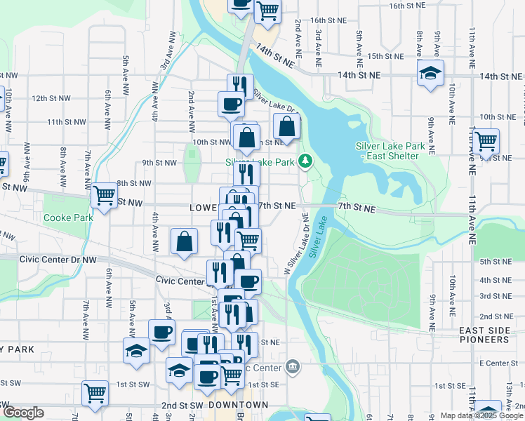 map of restaurants, bars, coffee shops, grocery stores, and more near 28 7th Street Northeast in Rochester