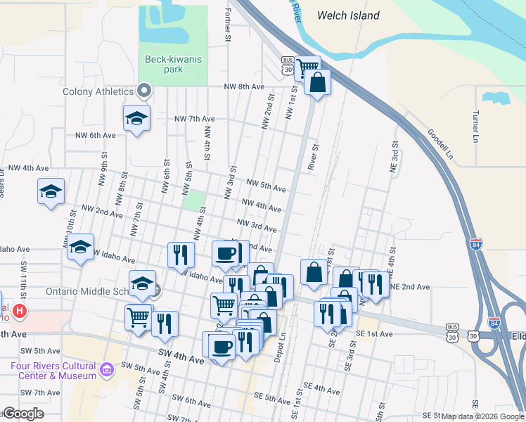 map of restaurants, bars, coffee shops, grocery stores, and more near 170 Northwest 3rd Avenue in Ontario