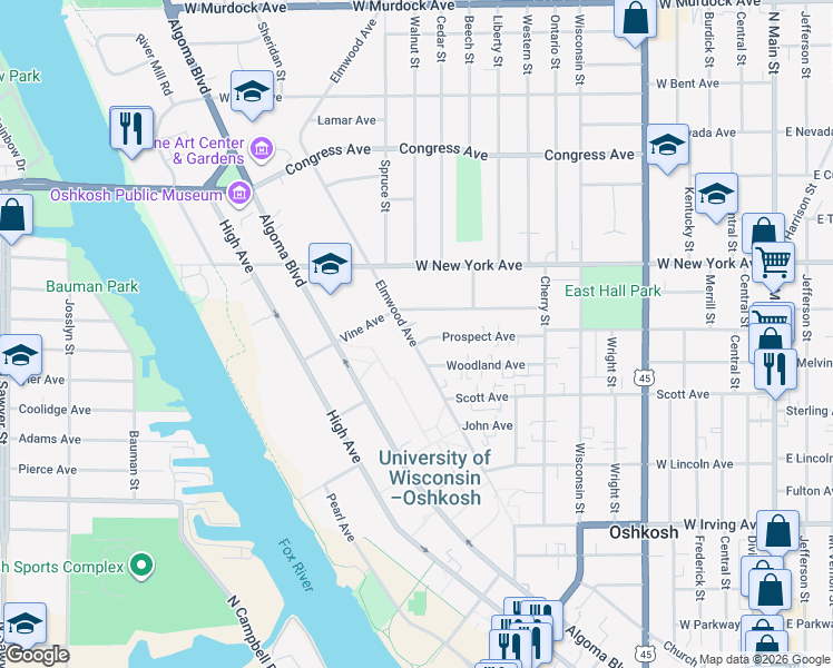 map of restaurants, bars, coffee shops, grocery stores, and more near 942 Elmwood Avenue in Oshkosh