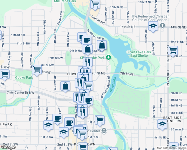 map of restaurants, bars, coffee shops, grocery stores, and more near 580 1st Avenue Northeast in Rochester