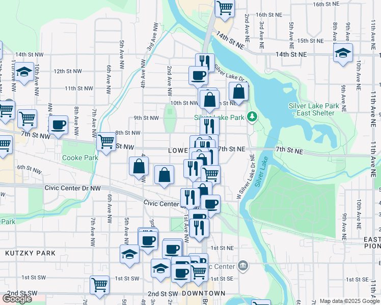 map of restaurants, bars, coffee shops, grocery stores, and more near 33 6th Street Northwest in Rochester