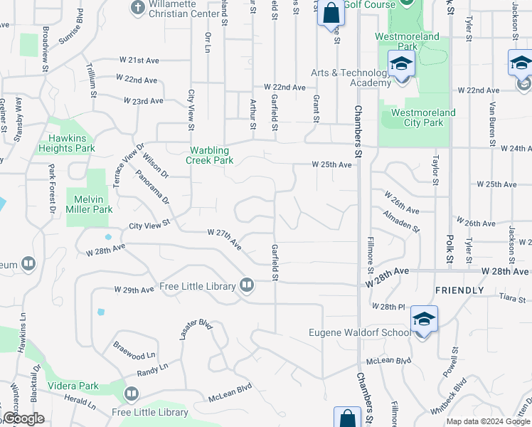 map of restaurants, bars, coffee shops, grocery stores, and more near 2005 Morning View Drive in Eugene