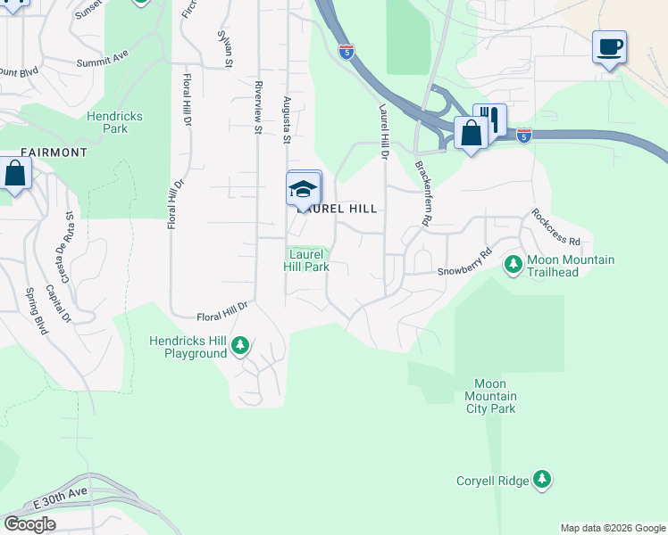 map of restaurants, bars, coffee shops, grocery stores, and more near 2683 Moon Mountain Drive in Eugene