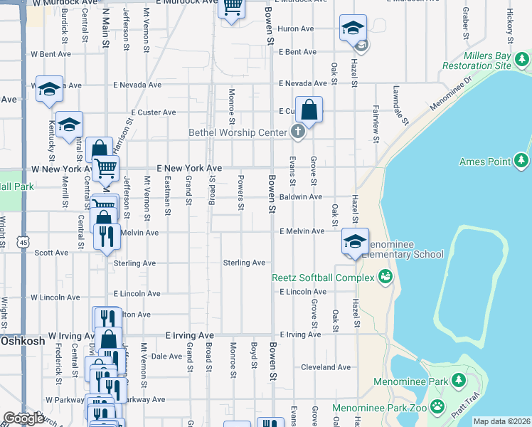 map of restaurants, bars, coffee shops, grocery stores, and more near 1014 Bong Court in Oshkosh