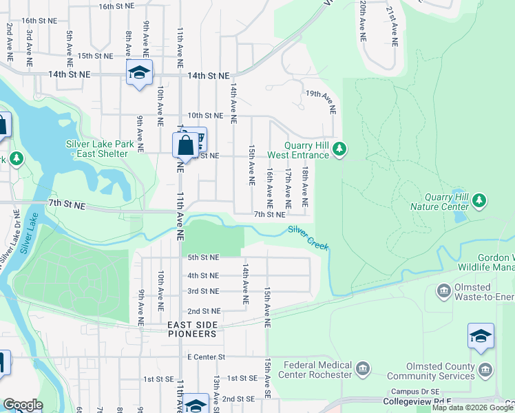 map of restaurants, bars, coffee shops, grocery stores, and more near 1510 7th Street Northeast in Rochester