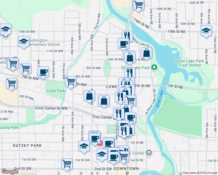 map of restaurants, bars, coffee shops, grocery stores, and more near 620 2nd Avenue Northwest in Rochester