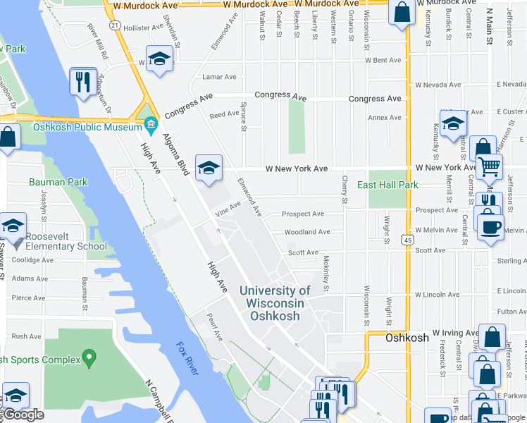 map of restaurants, bars, coffee shops, grocery stores, and more near 1008 Elmwood Avenue in Oshkosh
