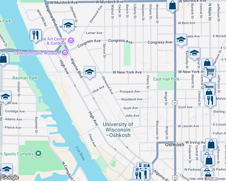 map of restaurants, bars, coffee shops, grocery stores, and more near 942 Elmwood Avenue in Oshkosh