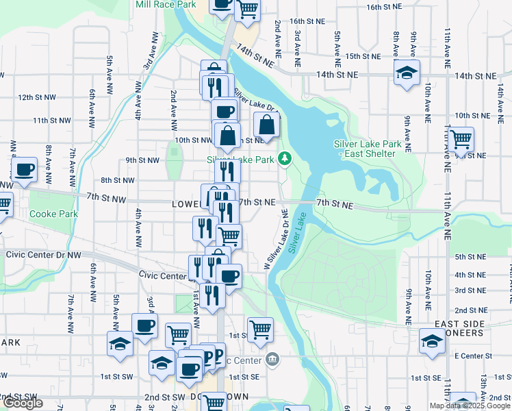 map of restaurants, bars, coffee shops, grocery stores, and more near 717 1st Avenue Northwest in Rochester