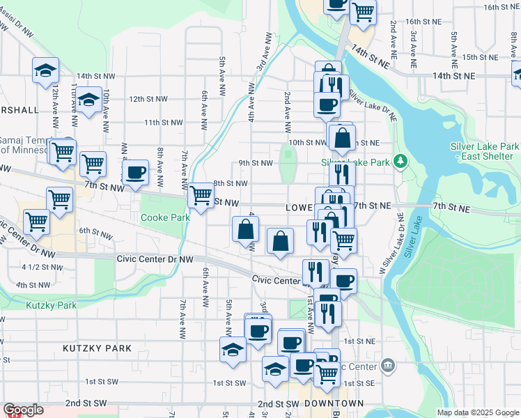 map of restaurants, bars, coffee shops, grocery stores, and more near 232 8th Street Northwest in Rochester