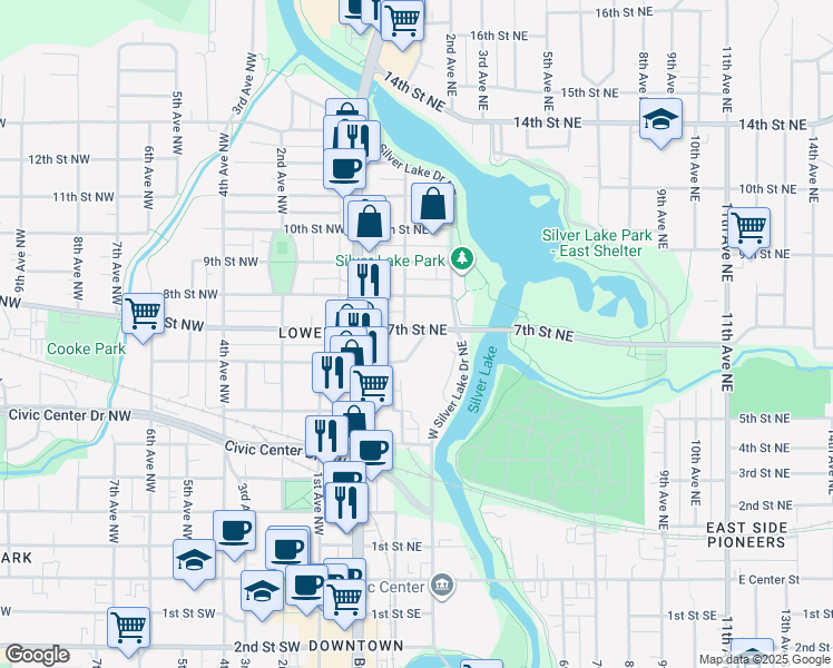 map of restaurants, bars, coffee shops, grocery stores, and more near 717 1st Avenue Northwest in Rochester