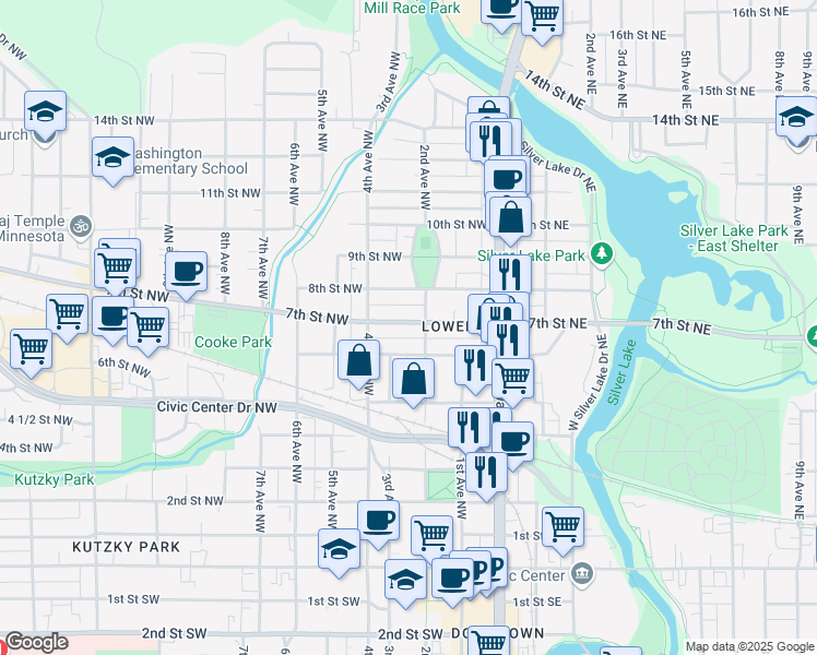 map of restaurants, bars, coffee shops, grocery stores, and more near 713 2nd Avenue Northwest in Rochester