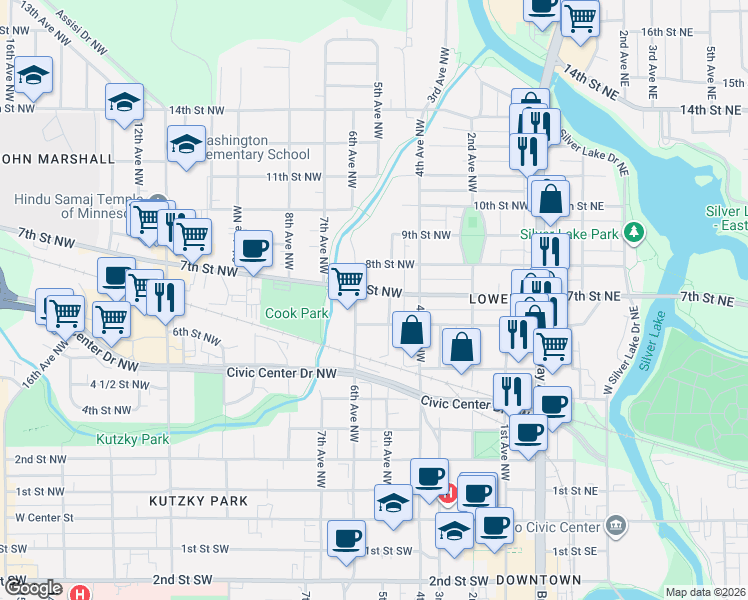 map of restaurants, bars, coffee shops, grocery stores, and more near 516 8th Street Northwest in Rochester