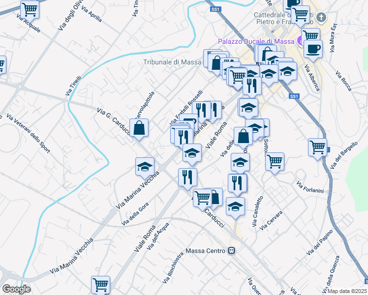 map of restaurants, bars, coffee shops, grocery stores, and more near 1 Via Poggioletto in Massa