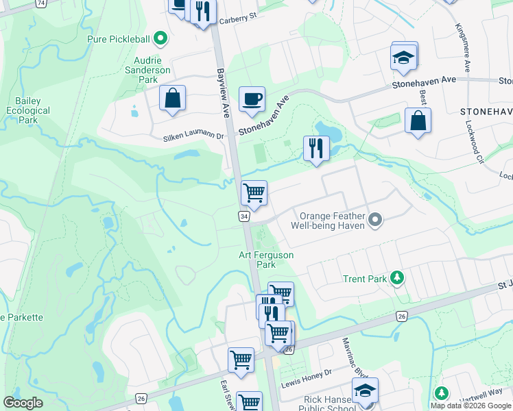 map of restaurants, bars, coffee shops, grocery stores, and more near 530 Holgate Circle in Newmarket