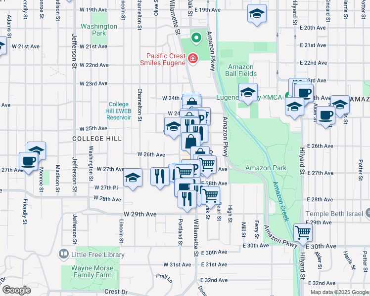 map of restaurants, bars, coffee shops, grocery stores, and more near 2525 Portland Street in Eugene