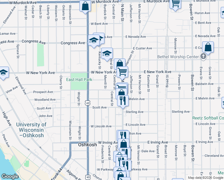 map of restaurants, bars, coffee shops, grocery stores, and more near Central Street in Oshkosh