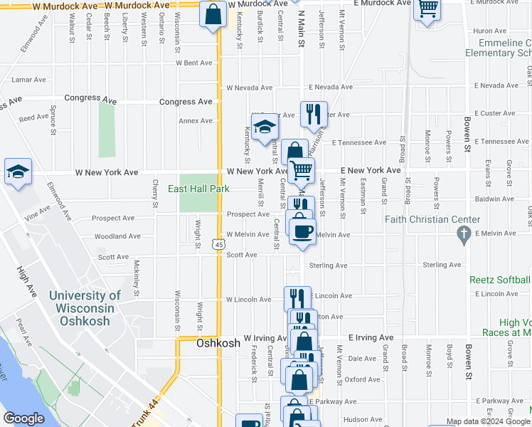 map of restaurants, bars, coffee shops, grocery stores, and more near 115 Prospect Avenue in Oshkosh