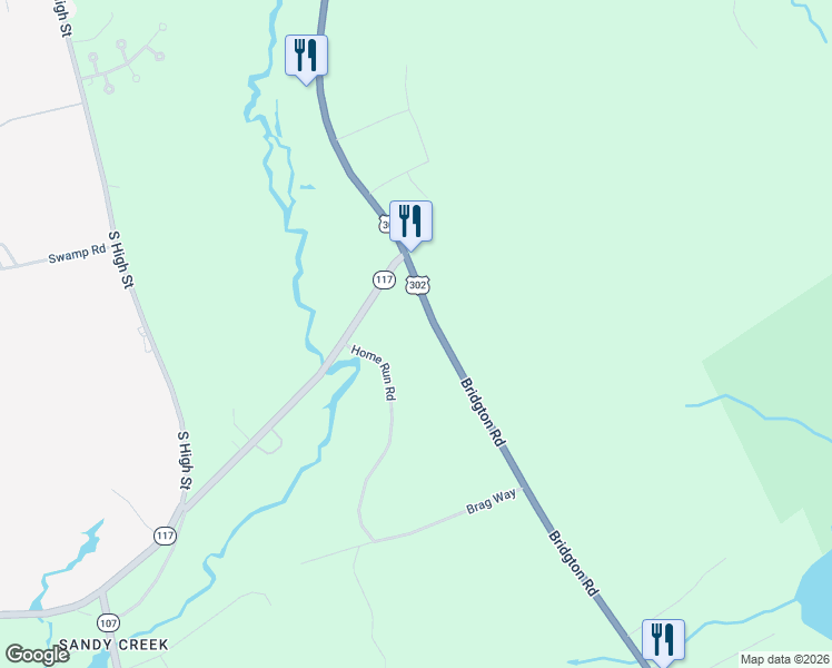 map of restaurants, bars, coffee shops, grocery stores, and more near 19 Sandy Creek Road in Bridgton