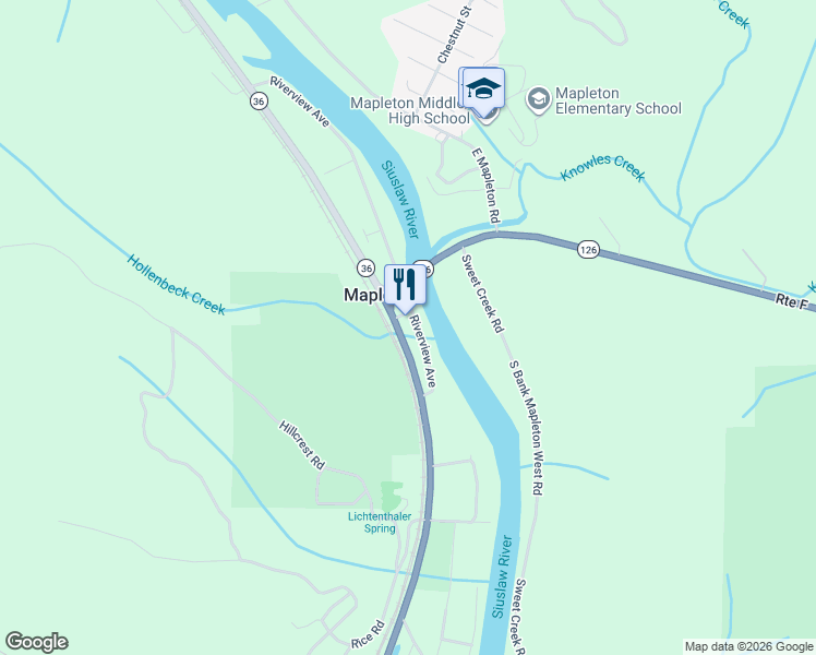 map of restaurants, bars, coffee shops, grocery stores, and more near 10784 Oregon 126 in Mapleton