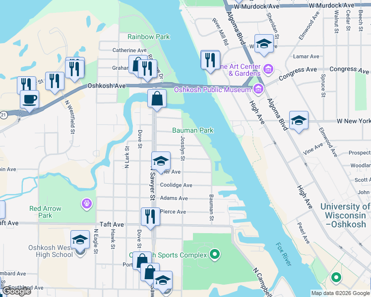 map of restaurants, bars, coffee shops, grocery stores, and more near 1021 Buchanan Avenue in Oshkosh