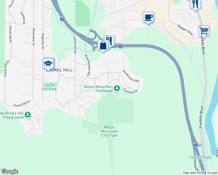 map of restaurants, bars, coffee shops, grocery stores, and more near 3655 Snowberry Road in Eugene