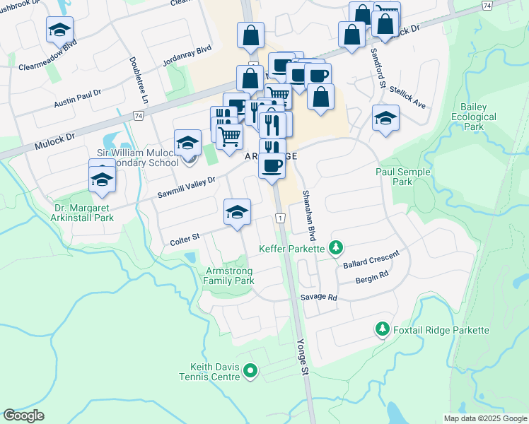 map of restaurants, bars, coffee shops, grocery stores, and more near 115 Coleridge Drive in Newmarket