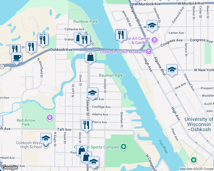 map of restaurants, bars, coffee shops, grocery stores, and more near 1021 Buchanan Avenue in Oshkosh