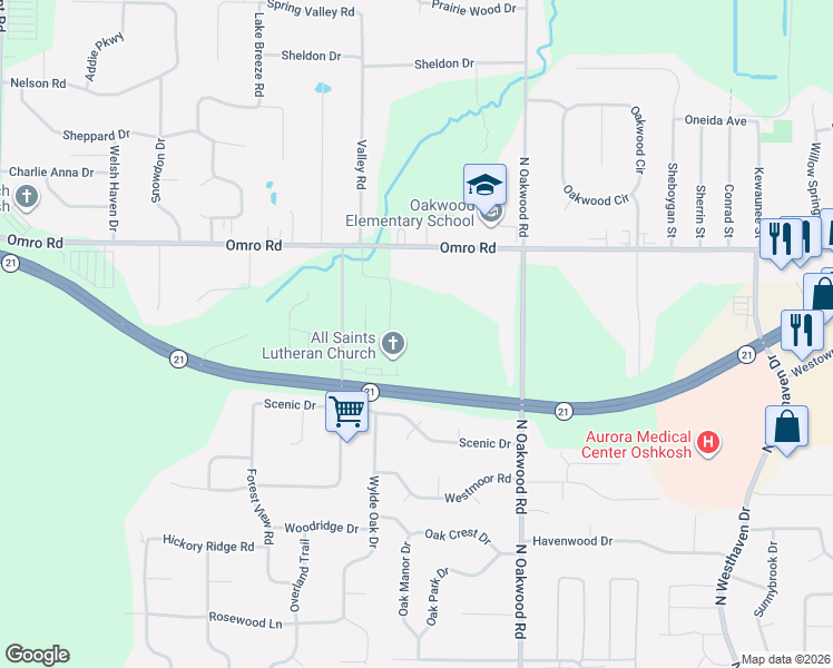 map of restaurants, bars, coffee shops, grocery stores, and more near in Oshkosh