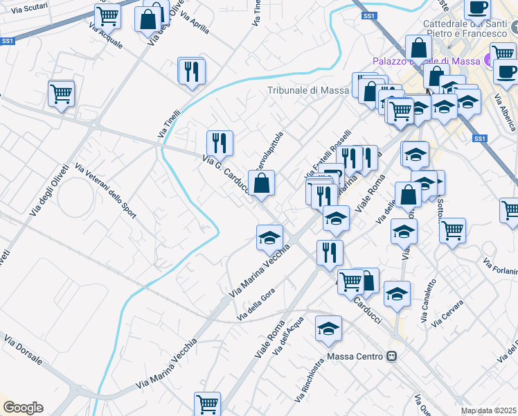 map of restaurants, bars, coffee shops, grocery stores, and more near 141 Via G. Carducci in Massa