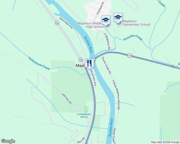 map of restaurants, bars, coffee shops, grocery stores, and more near 87843-87851 Riverview Avenue in Mapleton