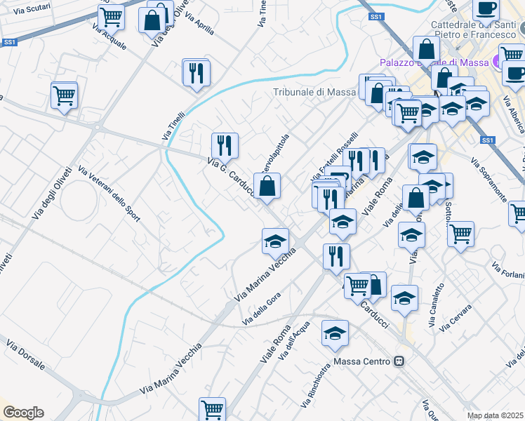map of restaurants, bars, coffee shops, grocery stores, and more near 141 Via G. Carducci in Massa