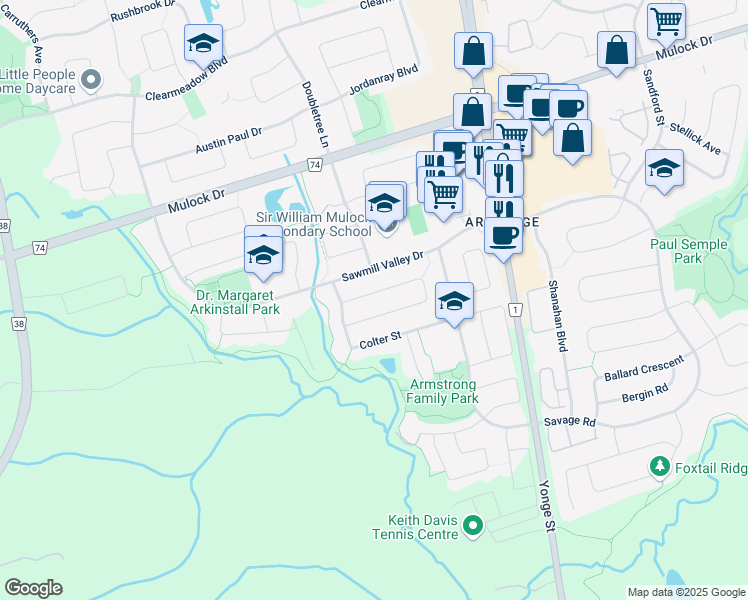 map of restaurants, bars, coffee shops, grocery stores, and more near 142 Woodbury Crescent in Newmarket